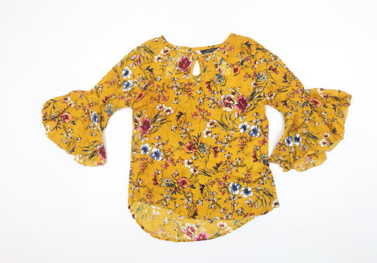 Zara Basic Womens Yellow Floral Bell Sleeve Tunic Blouse Size L