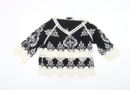 New Look Women's Black Embroidered Lace Blouse M Boho V-Neck