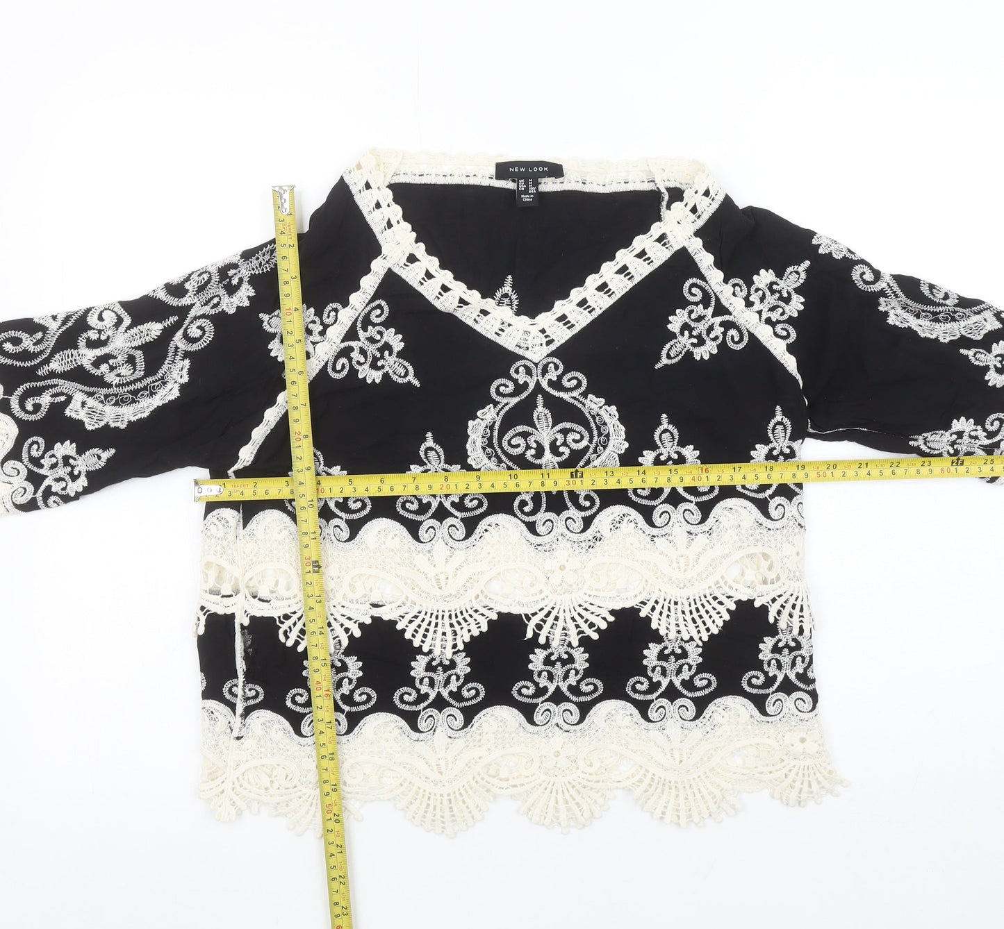 New Look Women's Black Embroidered Lace Blouse M Boho V-Neck