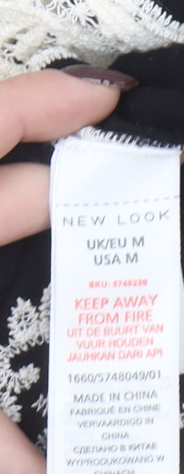 New Look Women's Black Embroidered Lace Blouse M Boho V-Neck