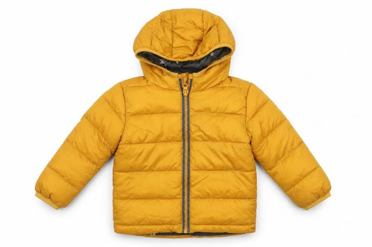 Front view of Primark unisex baby yellow puffer jacket 12-18 months hooded lightweight coat