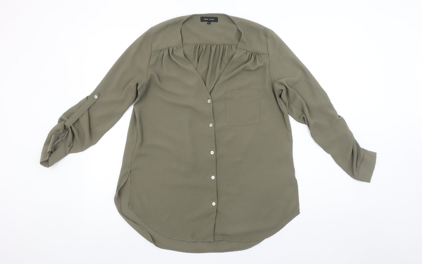 New Look Women's Green Button-Up V-Neck Long Sleeve Blouse Size 8
