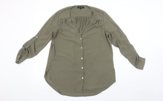 New Look Women's Green Button-Up V-Neck Long Sleeve Blouse Size 8