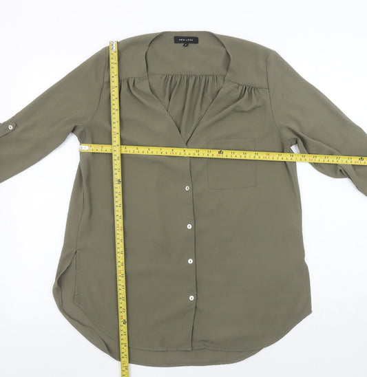 New Look Women's Green Button-Up V-Neck Long Sleeve Blouse Size 8