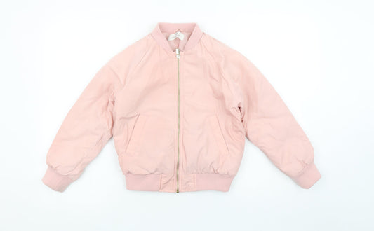 H&M Girls Pink Bomber Jacket 6-7 Years Polyester Lined Zip Pocket Casual
