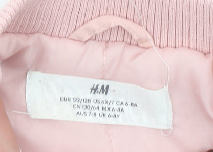 H&M Girls Pink Bomber Jacket 6-7 Years Polyester Lined Zip Pocket Casual