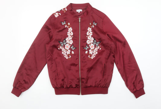 Blue Vanilla Womens Red Embroidered Bomber Jacket Size 10