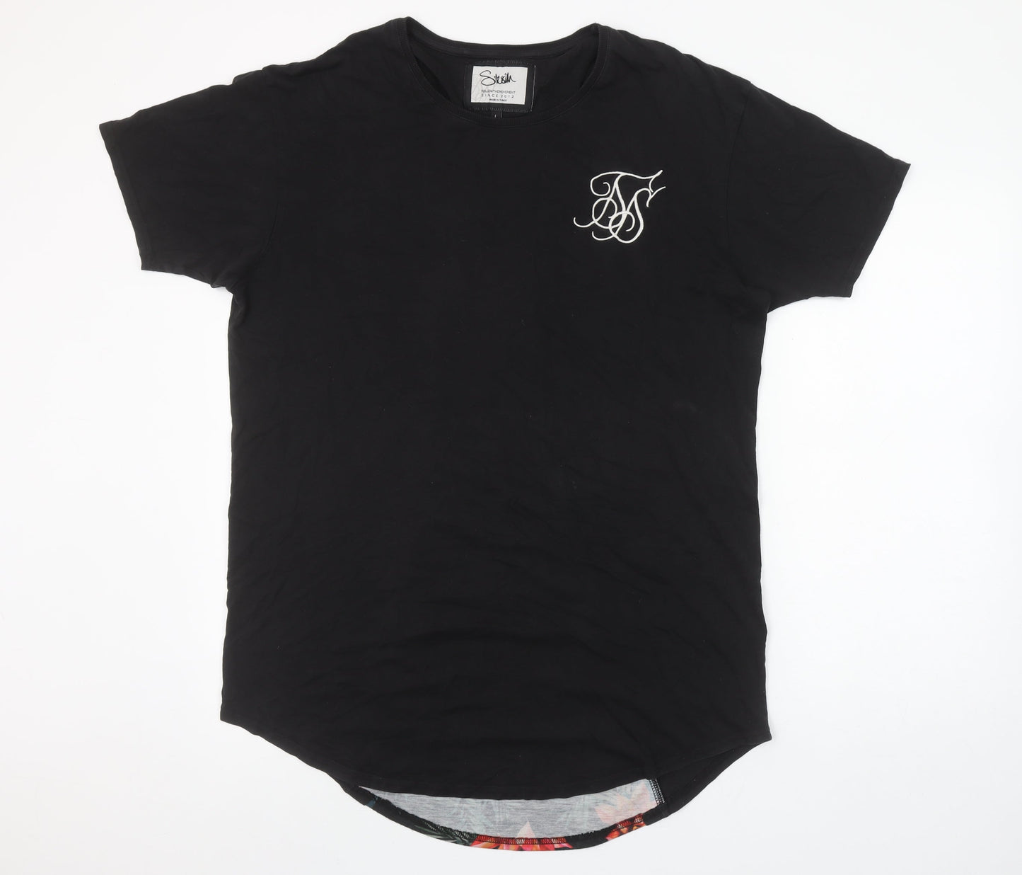 SikSilk Men's Black Floral Back Panel Crew Neck Short Sleeve T-Shirt L