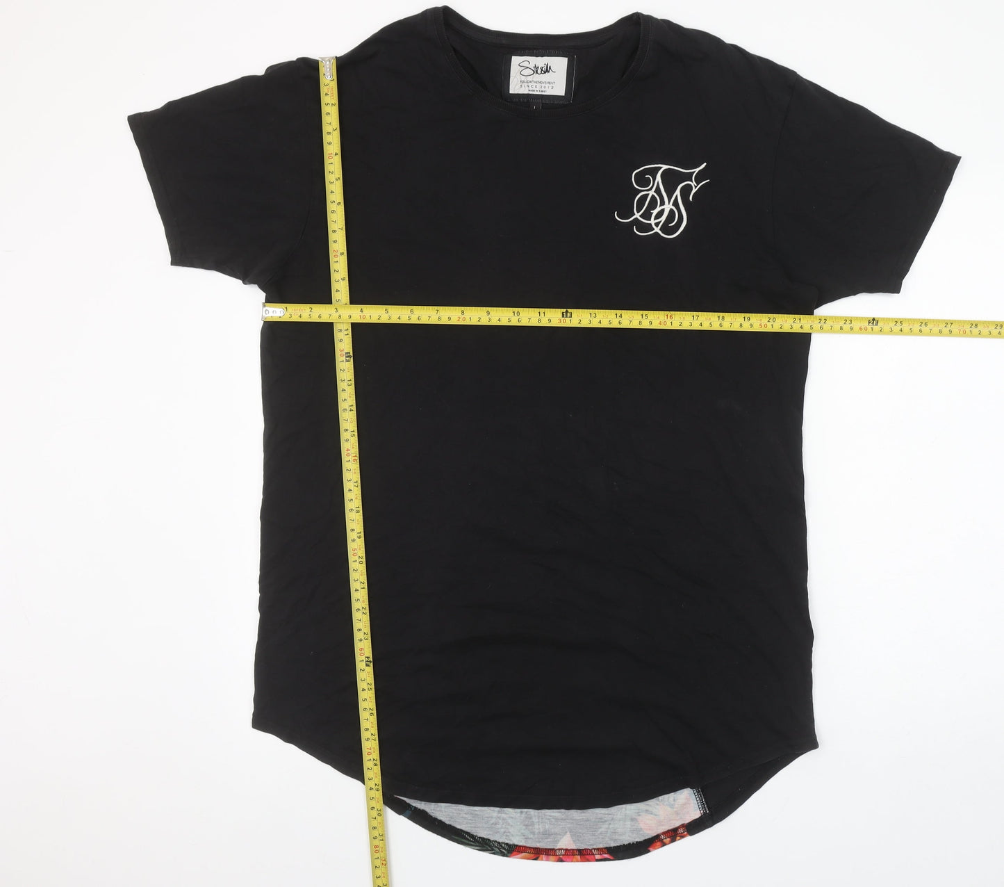 SikSilk Men's Black Floral Back Panel Crew Neck Short Sleeve T-Shirt L