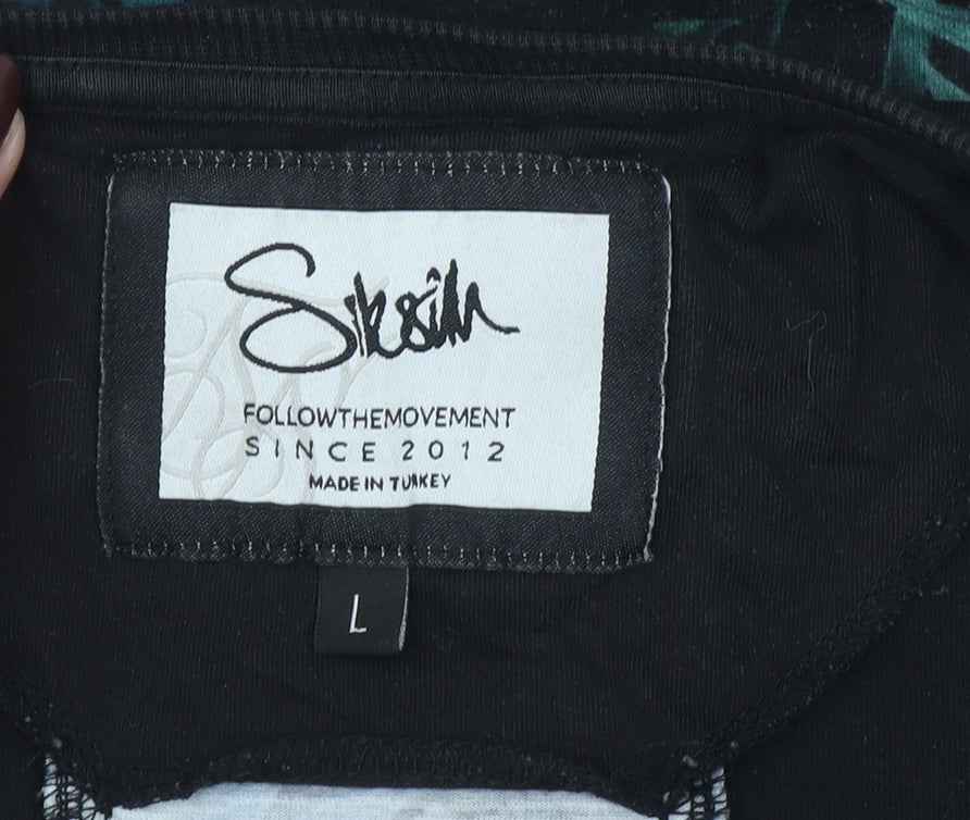 SikSilk Men's Black Floral Back Panel Crew Neck Short Sleeve T-Shirt L