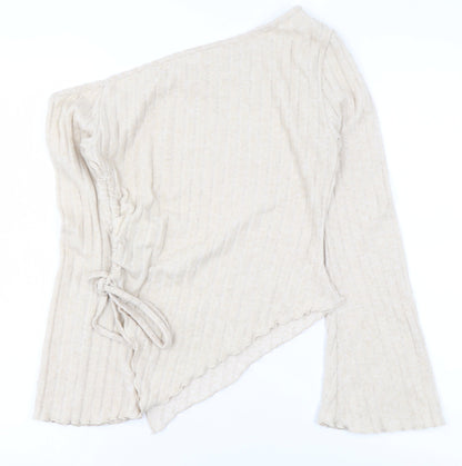 SHEIN Women Beige One Shoulder Wrap Knit Blouse L Long Sleeve