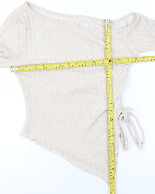 SHEIN Women Beige One Shoulder Wrap Knit Blouse L Long Sleeve