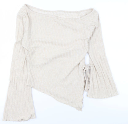 SHEIN Women Beige One Shoulder Wrap Knit Blouse L Long Sleeve