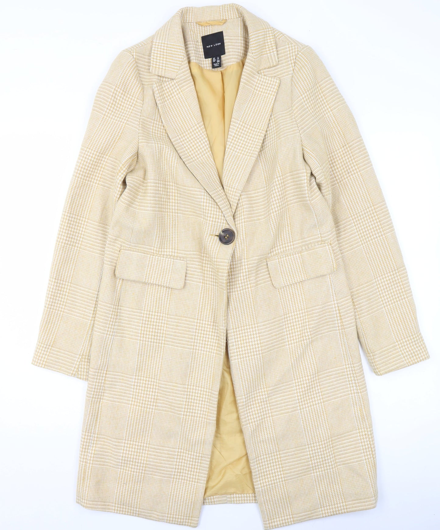 New Look Women's Beige Check Tweed Mid-Length Overcoat UK 6