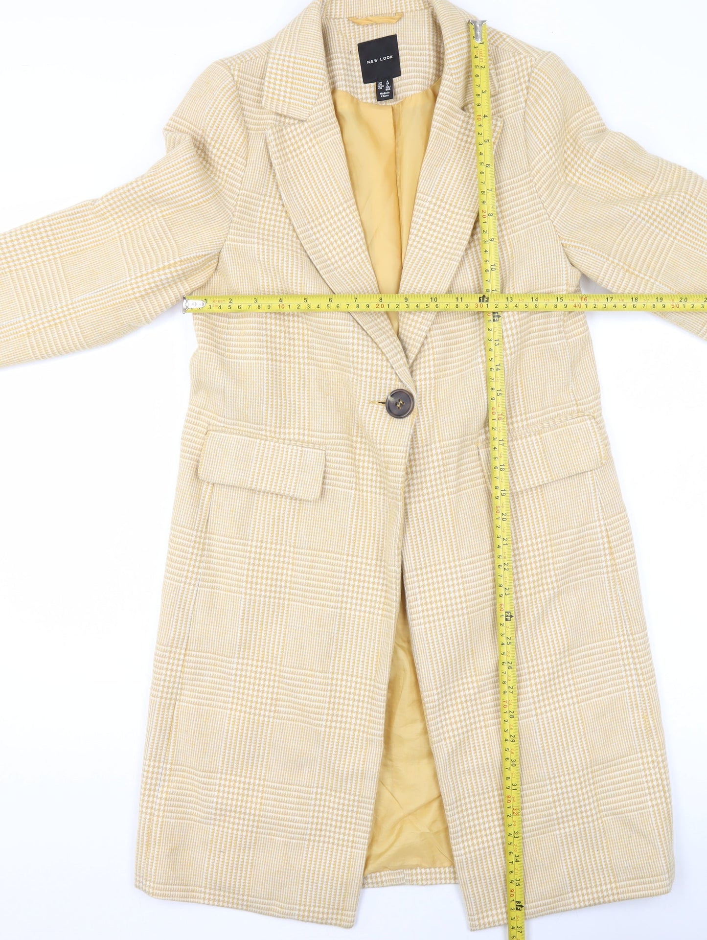New Look Women's Beige Check Tweed Mid-Length Overcoat UK 6