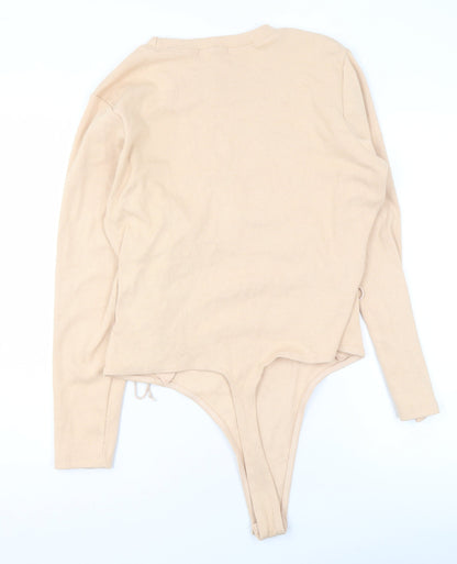 Missguided Women’s Beige Plus Size 20 Long Sleeve Ribbed Lace Up Bodysuit