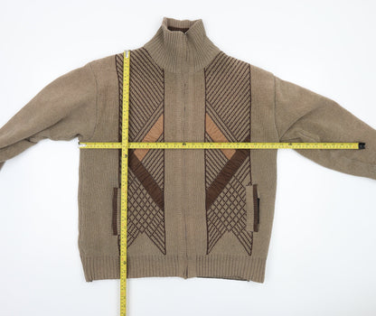 ZSZ Menswear Men’s Beige Wool Blend Full Zip Jumper L High Neck Geometric Knit