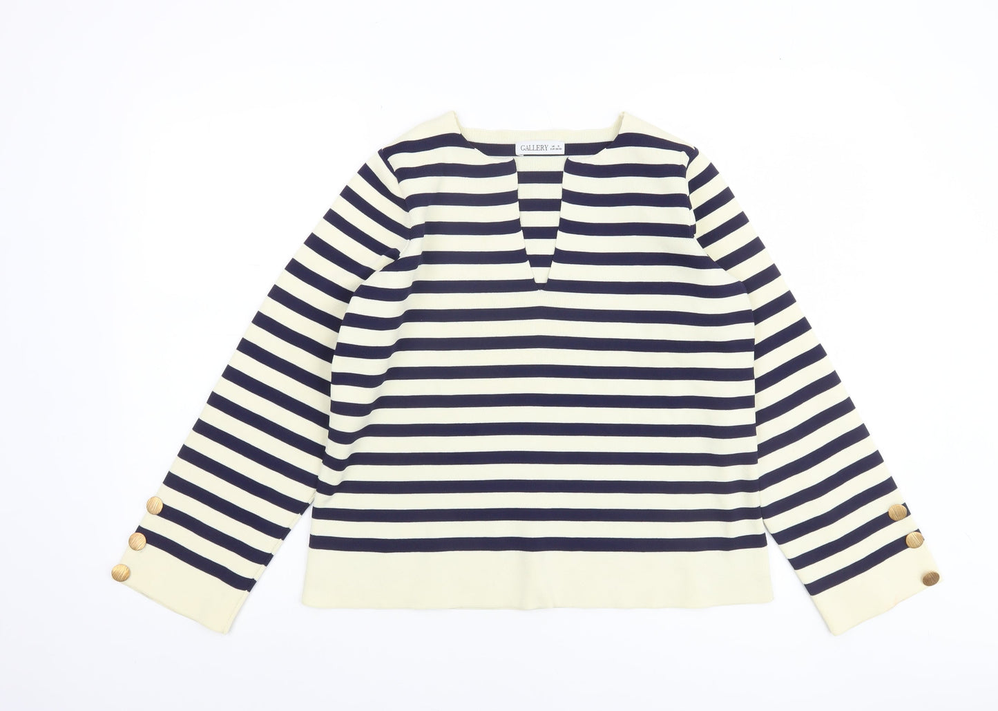 Gallery Women’s Navy Ivory Striped Knit Jumper Size S Nautical V-Neck