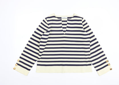 Gallery Women’s Navy Ivory Striped Knit Jumper Size S Nautical V-Neck
