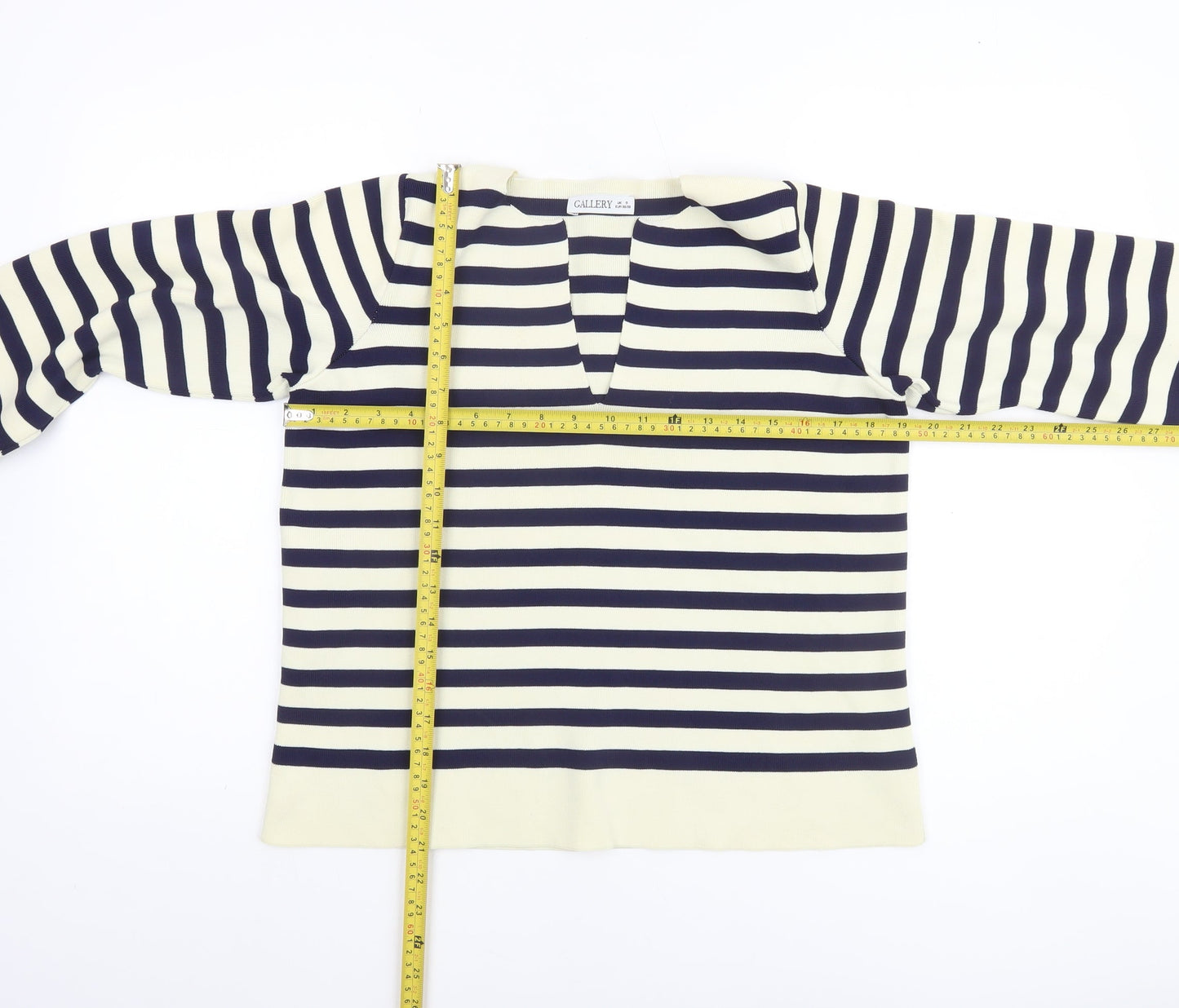 Gallery Women’s Navy Ivory Striped Knit Jumper Size S Nautical V-Neck