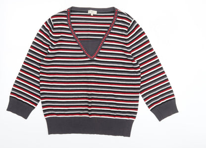 CC Womens Multicoloured V-Neck Striped Beaded Long Sleeve Jumper Size L