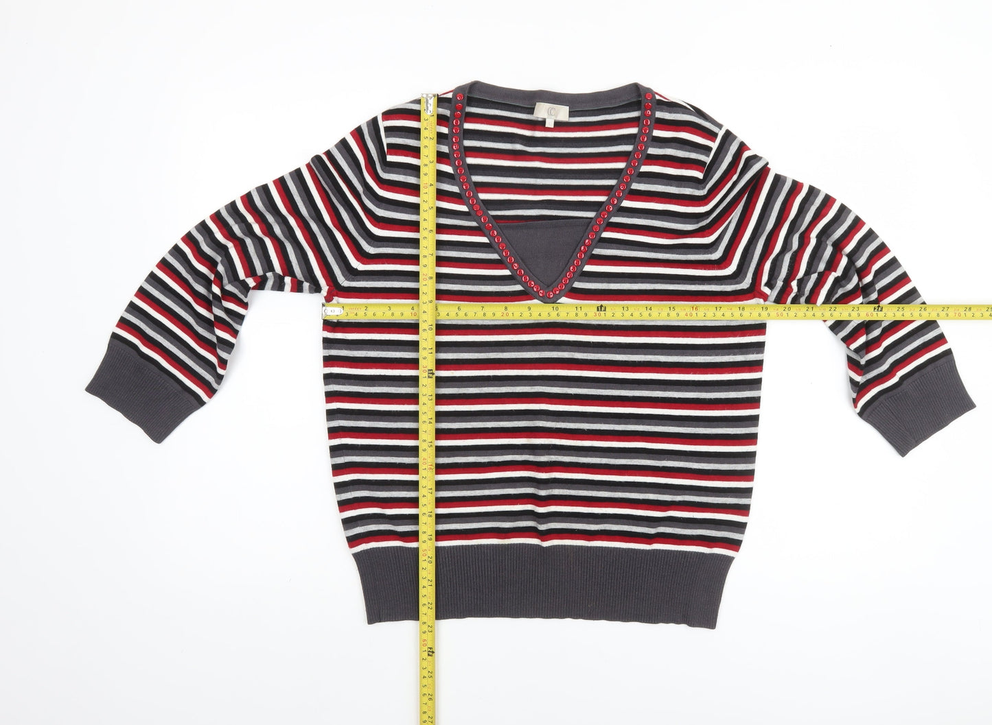CC Womens Multicoloured V-Neck Striped Beaded Long Sleeve Jumper Size L