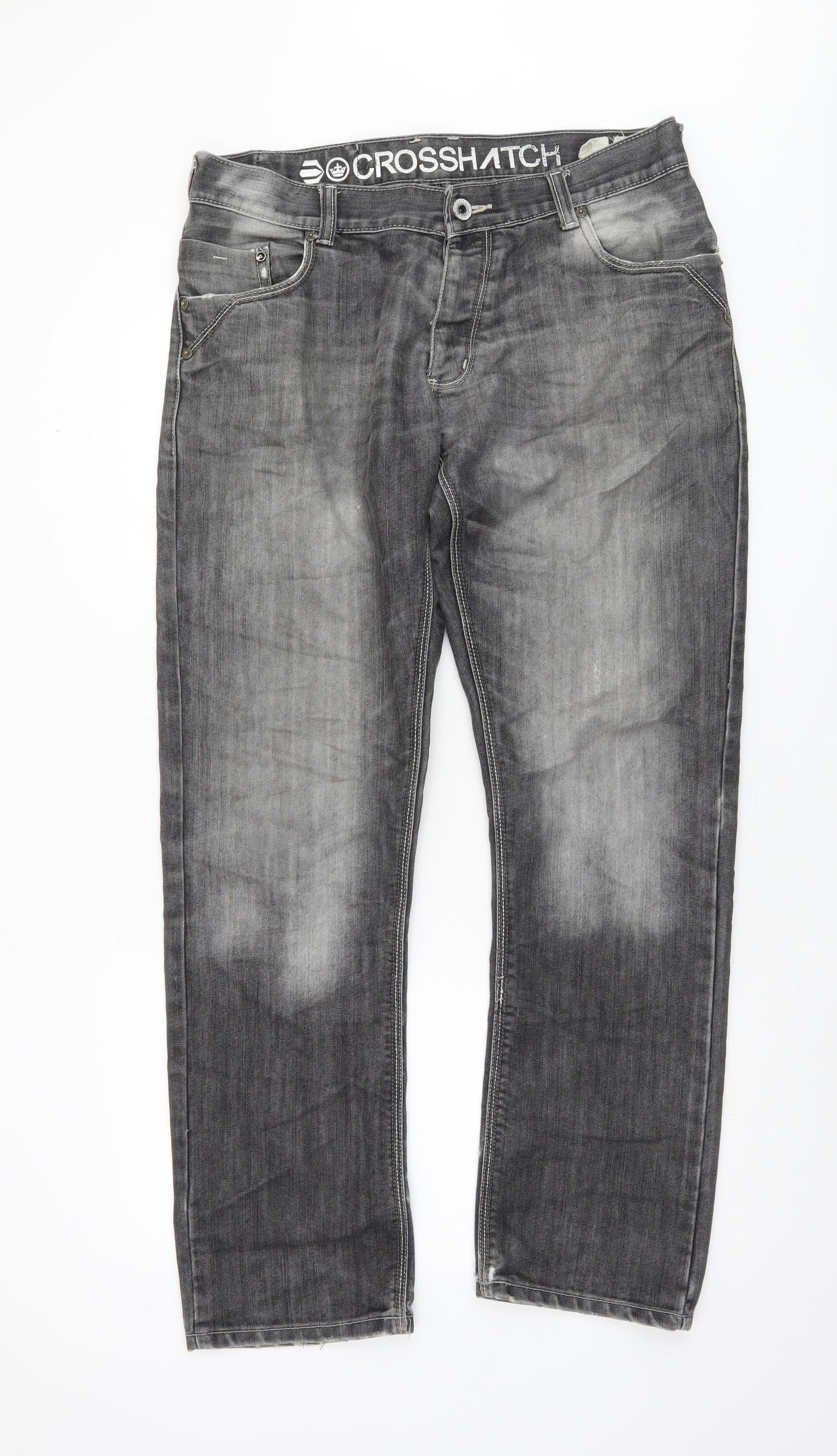 Crosshatch Men's Grey Charcoal Wash Regular Fit Straight Jeans W34