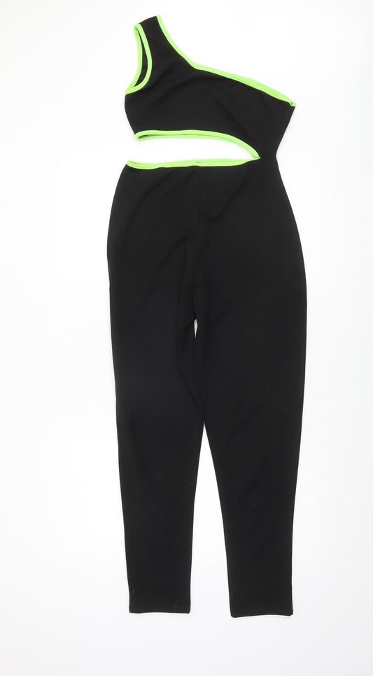 PrettyLittleThing Womens Black Neon Trim One Shoulder Jumpsuit UK 10