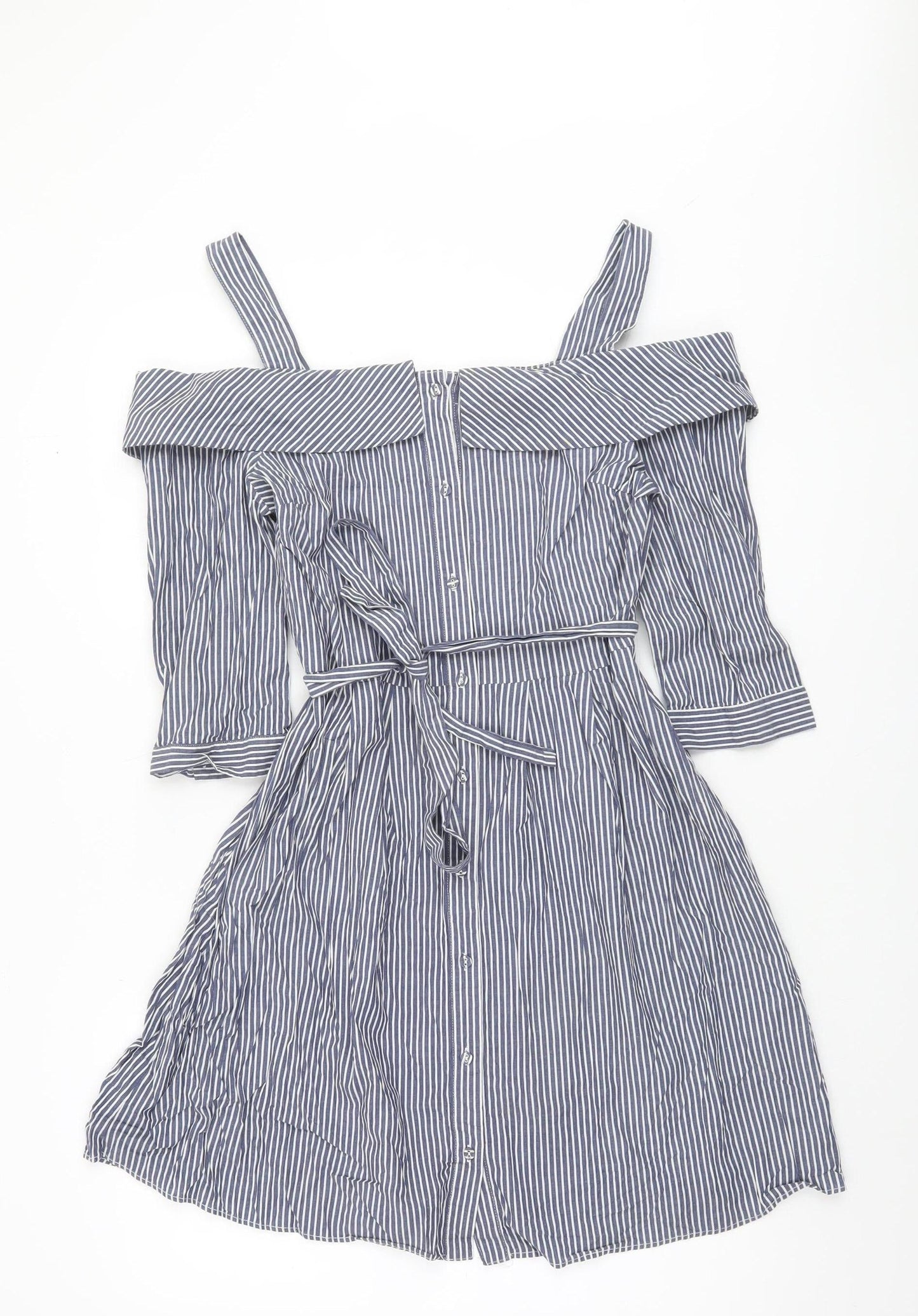 Oasis Women Blue Striped Off Shoulder Shirt Dress Size 12