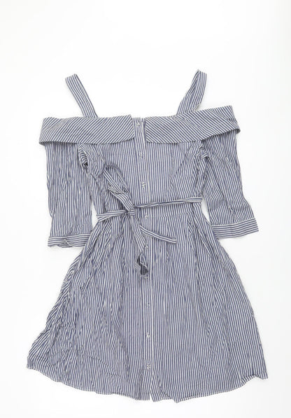 Oasis Women Blue Striped Off Shoulder Shirt Dress Size 12