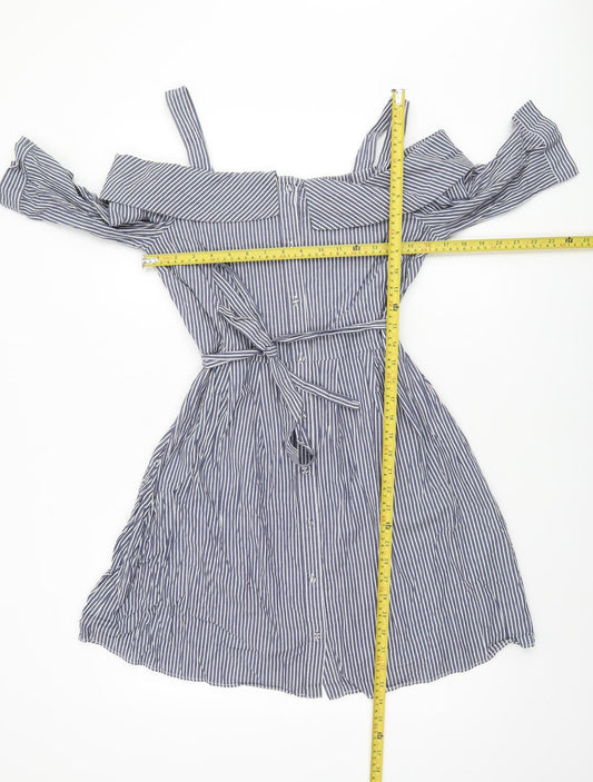 Oasis Women Blue Striped Off Shoulder Shirt Dress Size 12