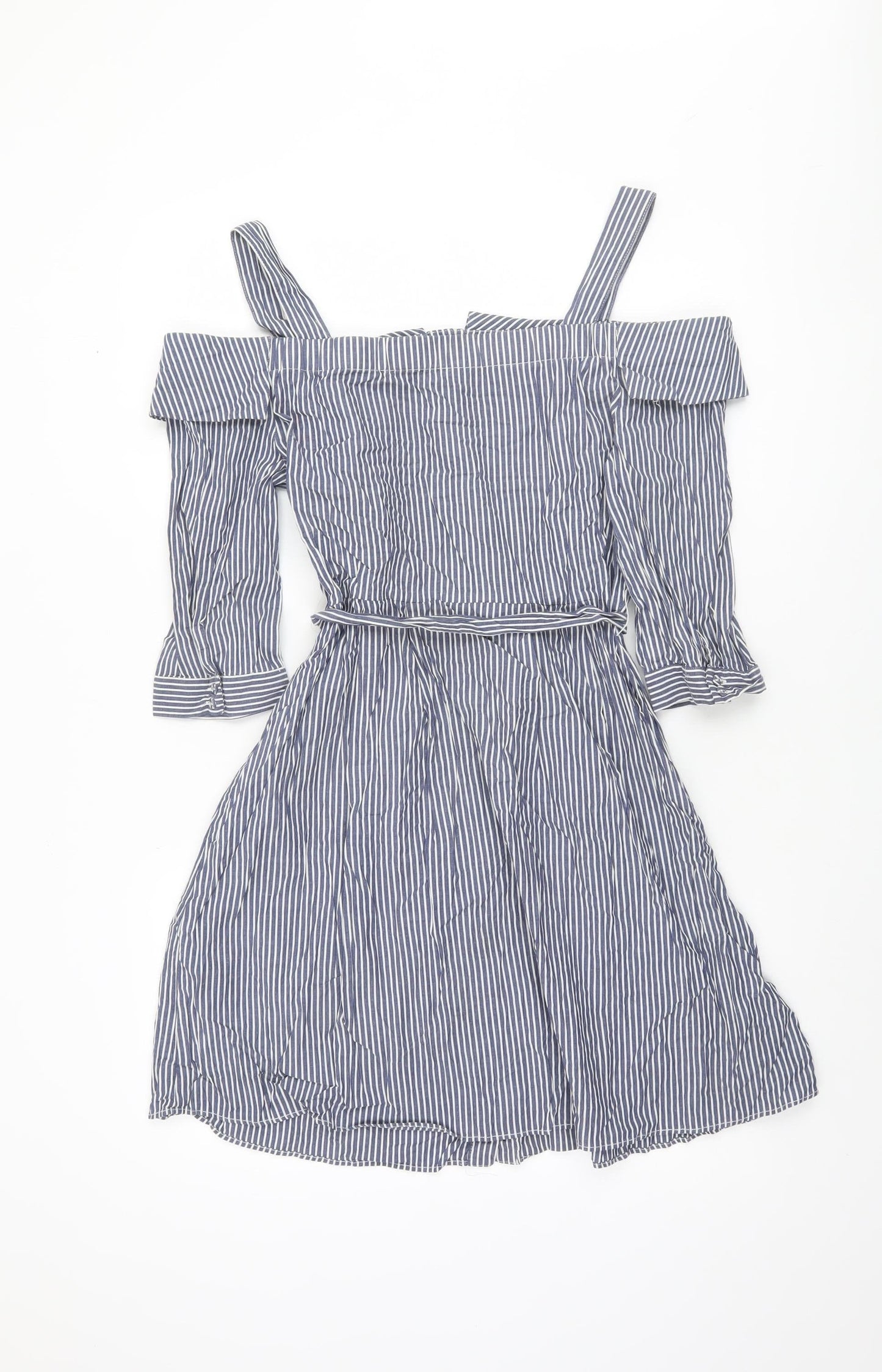 Oasis Women Blue Striped Off Shoulder Shirt Dress Size 12