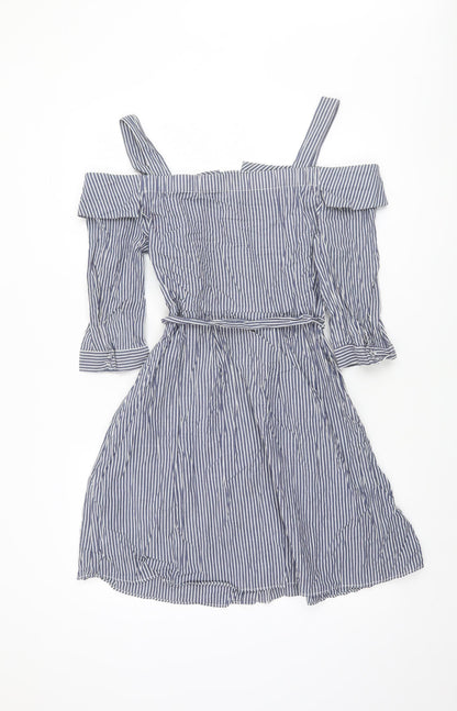 Oasis Women Blue Striped Off Shoulder Shirt Dress Size 12