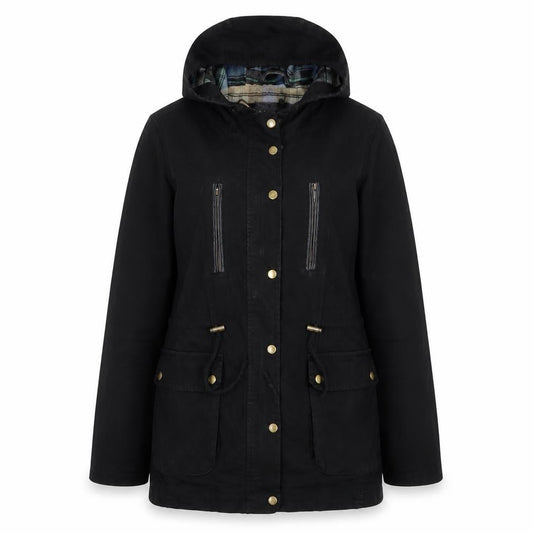 Front view of Modo Women Black Cotton Hooded Parka Jacket UK 12