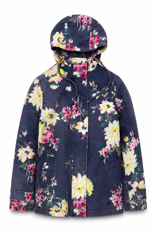 Joules Womens Blue Floral Waterproof Hooded Rain Coat Size 8
