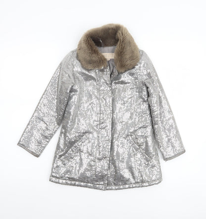 Teni Vici Girls Silver Sequin Faux Fur Collar Winter Puffer Coat 6-7 Years