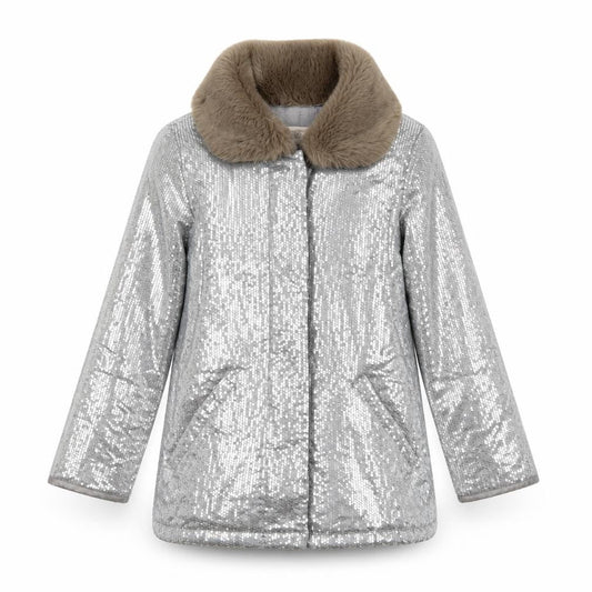 Teni Vici Girls Silver Sequin Faux Fur Collar Winter Puffer Coat 6-7 Years