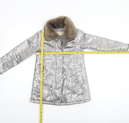 Teni Vici Girls Silver Sequin Faux Fur Collar Winter Puffer Coat 6-7 Years