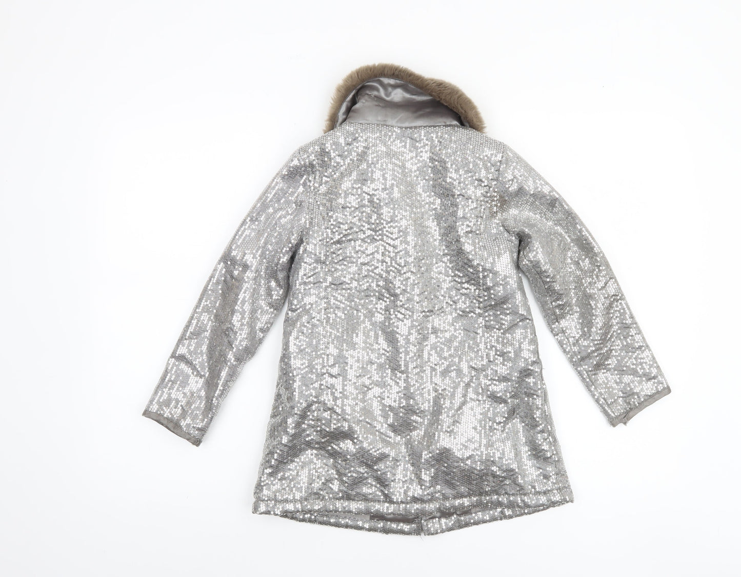 Teni Vici Girls Silver Sequin Faux Fur Collar Winter Puffer Coat 6-7 Years