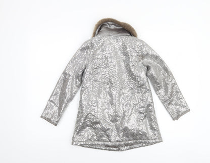 Teni Vici Girls Silver Sequin Faux Fur Collar Winter Puffer Coat 6-7 Years