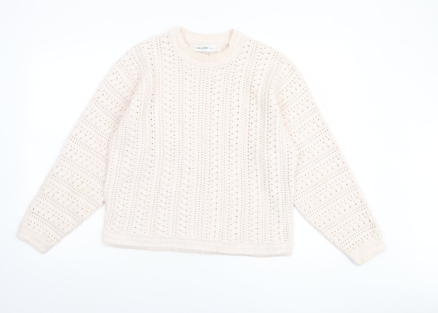 Gallery Women Beige Knit Jumper Size S Cotton Acrylic Crew Neck