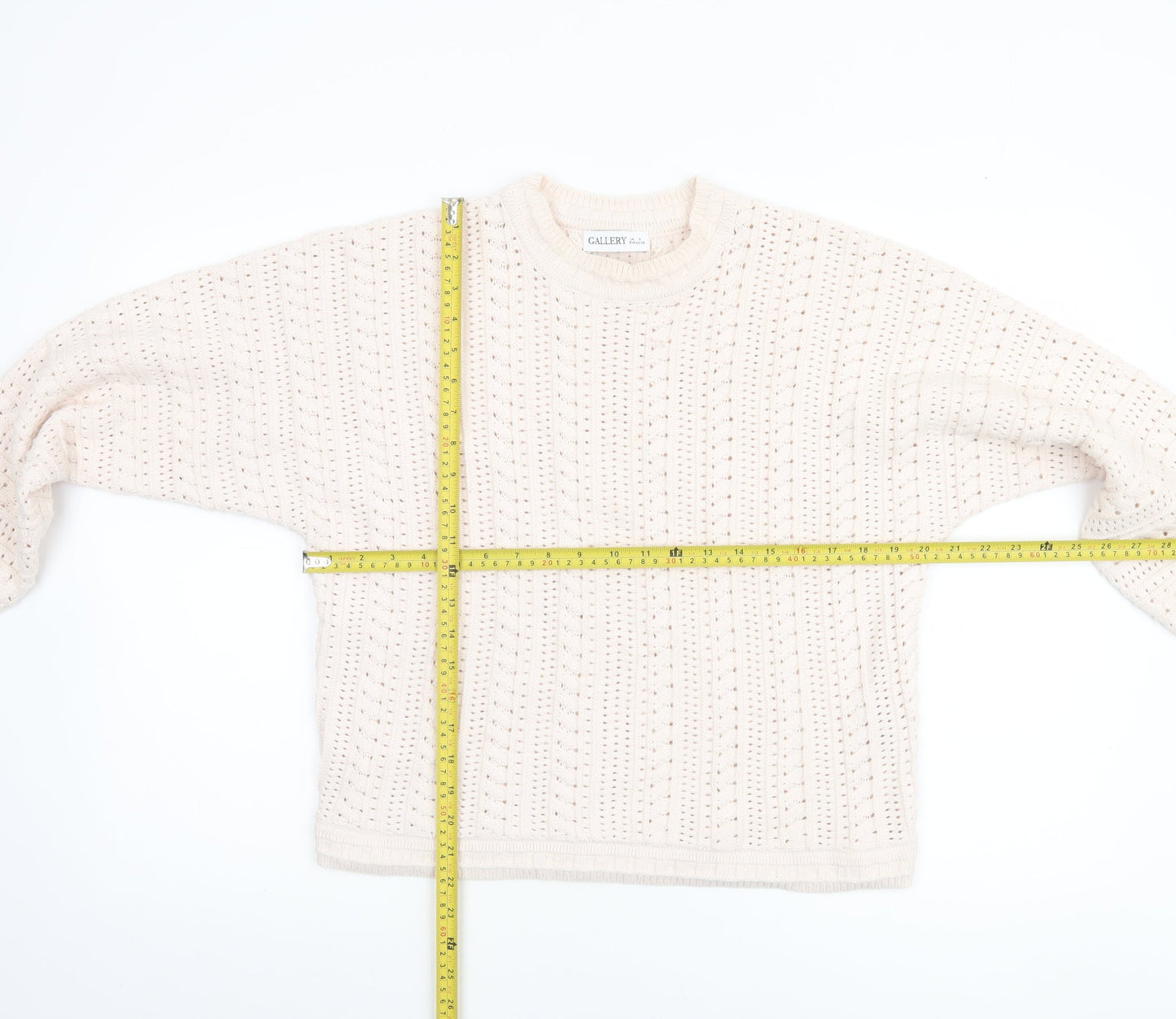 Gallery Women Beige Knit Jumper Size S Cotton Acrylic Crew Neck