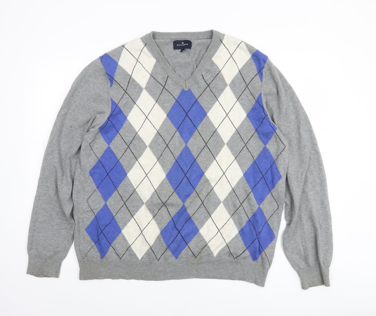 Marks and Spencer Blue Harbour Mens Grey Argyle V-Neck Jumper XL Cotton