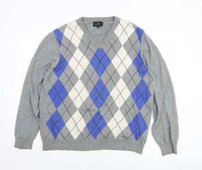Marks and Spencer Blue Harbour Mens Grey Argyle V-Neck Jumper XL Cotton