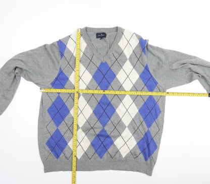 Marks and Spencer Blue Harbour Mens Grey Argyle V-Neck Jumper XL Cotton