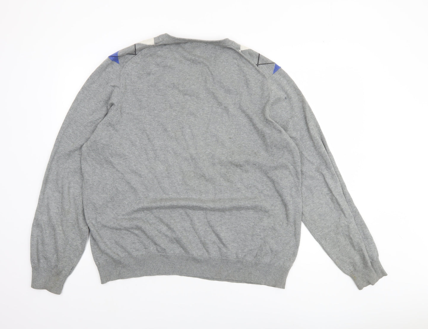 Marks and Spencer Blue Harbour Mens Grey Argyle V-Neck Jumper XL Cotton
