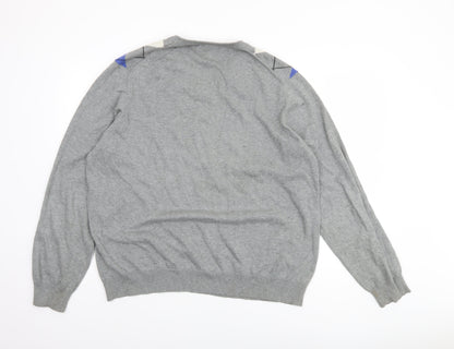 Marks and Spencer Blue Harbour Mens Grey Argyle V-Neck Jumper XL Cotton