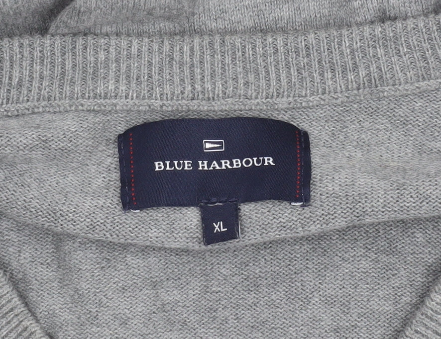 Marks and Spencer Blue Harbour Mens Grey Argyle V-Neck Jumper XL Cotton