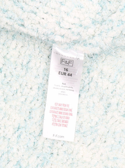 F&F Women Blue Chunky-Knit Crew Neck Long Sleeve Pullover Jumper Size 16