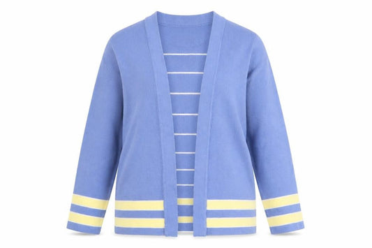 Front view of Honor Millburn Women's Blue Striped Open Knit Cardigan, size S, 10-12
